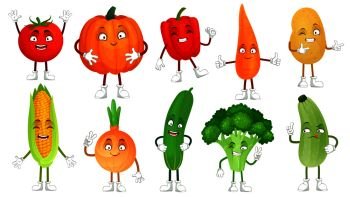 Cartoon vegetable character. Healthy veggies food mascot, baby carrot and funny cucumber. Vegetables, vegetarian comic emotions or vegan mascot. Isolated vector illustration icons set. Cartoon vegetable character. Healthy veggies food mascot, baby carrot and funny cucumber. Vegetables isolated vector illustration set