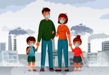 Family protection from contaminated air. People in protective N95 face masks, industry smoke and safe mask. Environment toxic gas pollution, nuclear factory danger cartoon vector illustration. Family protection from contaminated air. People in protective N95 face masks, industry smoke and safe mask vector illustration