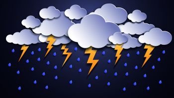 Summer thunderstorms. Storm clouds, thunderstorm lightning and rainy weather. Thunder and lightnings craft paper, dangerous thunderbolt flash meteorology vector illustration. Summer thunderstorms. Storm clouds, thunderstorm lightning and rainy weather. Thunder and lightnings craft paper vector illustration