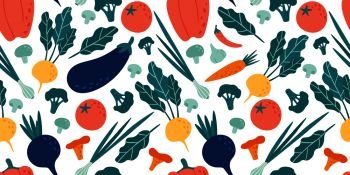 Seamless vegetables pattern. Hand drawn doodle vegetarian food. Vegetable kitchen radish, vegan beets and tomato. Vegan fabric, wrapping or healthy ecological meal menu vector illustration. Seamless vegetables pattern. Hand drawn doodle vegetarian food. Vegetable kitchen radish, vegan beets and tomato vector illustration
