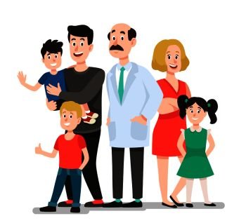Family doctor. Smiling happy patients family portrait with dentist, smiling healthy children. Pediatrics doctors caring, patients family standing with doctor cartoon vector illustration. Family doctor. Smiling happy patients family portrait with dentist, smiling healthy children cartoon vector illustration
