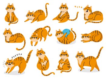 Cat poses. Cartoon red fat striped cats emotions and behavior. Animal pet kitten playful, sleeping and scared. Cat body language vector set. Illustration pet cat, cute striped animal kitten. Cat poses. Cartoon red fat striped cats emotions and behavior. Animal pet kitten playful, sleeping and scared. Cat body language vector set
