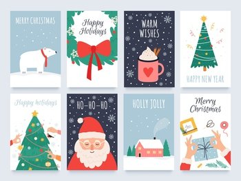 Scandinavian christmas cards. Cozy winter holiday, noel and new year celebrations with cute santa, polar bear and tree vector set. Illustration christmas greeting poster and card to winter holiday. Scandinavian christmas cards. Cozy winter holiday, noel and new year celebrations with cute santa, polar bear and tree decoration vector set