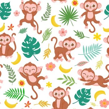 Seamless pattern with baby monkey, banana and tropical leaves. Cartoon childish jungle animal print for fabric. Cute monkeys vector texture. Illustration of seamless pattern jungle with monkeys. Seamless pattern with baby monkey, banana and tropical leaves. Cartoon childish jungle animal print for fabric. Cute monkeys vector texture