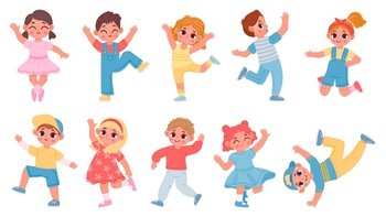 Cartoon happy dancing and jumping kids boys and girls. Children dance party joy. Ballet and aerobics poses. Kid character have fun vector set. Youth spending leisure time actively and glad