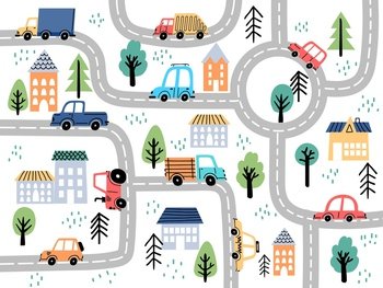 Kids city map with roads and cars for children nursery decor. Village or town street maze for carpet. Cartoon board game vector background. Driving tractor, truck and taxi automobiles