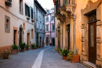 View of the streets in the old  famous tuff city of Sorano, province of Siena. Tuscany, Italy
