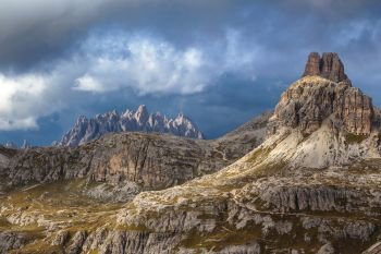 evening Dolomites mountains view at the cloudy day
