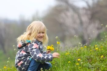 young blonde girl with bunch of dandelions on a green lawn
