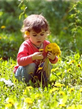 young blonde girl with bunch of dandelions on a green lawn

