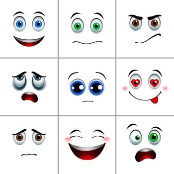 Emotions set, white squares with emotional faces. Emotions set, square