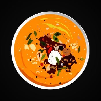 Soup illustration, dish plate isolated on black. Soup illustration