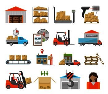 Warehouse transportation and delivery icons flat set isolated on white background. Warehouse transportation set