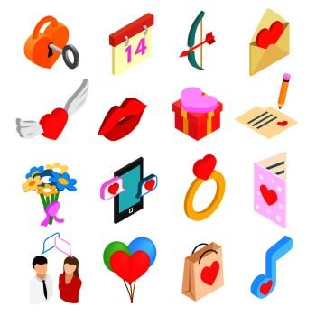 Valentines isometric 3d icons set isolated on white background. Valentines isometric 3d icons set