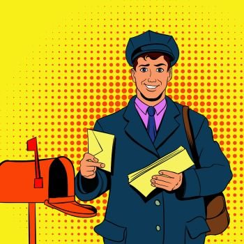 Postman holding mail and bag in comics style. Comics postman holding mail and bag