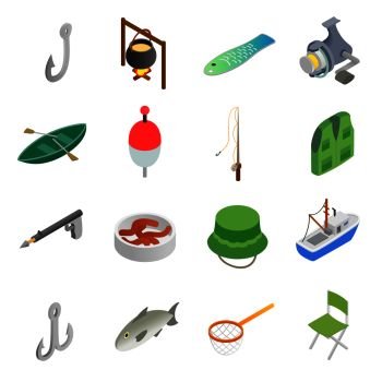 Fishing isometric 3d icons set isolated on white background. Fishing isometric 3d icons set