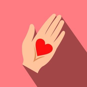 Heart in hand flat icon on a pink background. Heart in a hand flat icon 