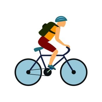Tourist riding a bicycle with backpack flat icon isolated on white background. Tourist riding a bicycle with backpack