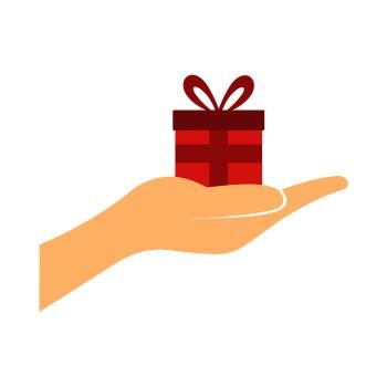 Small gift red box in a hand flat icon isolated on white background. Small gift red box in a hand flat icon