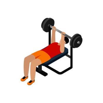 Man exercising on bench press icon in isometric 3d style isolated on white background. Man exercising on bench press icon, isometric 3d 