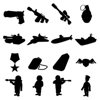 Military and war silhouettes icons set isolated on white background. Military and war silhouettes icons set