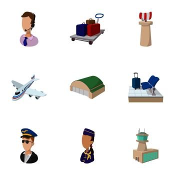 Check at airport icons set. Cartoon illustration of 9 check at airport vector icons for web. Check at airport icons set, cartoon style