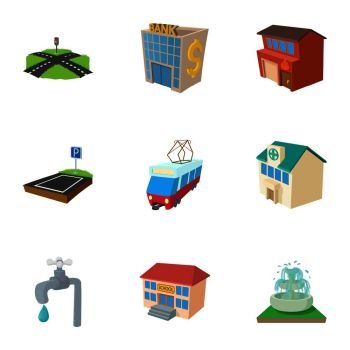 City buildings icons set. Cartoon illustration of 9 city buildings vector icons for web. City buildings icons set, cartoon style