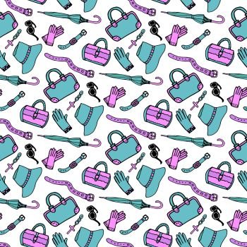 Doodle hand drawn fashion accessories and handbags seamless pattern in blue and pink pastel colors. Sketch woman shopping background. Doodle hand drawn fashion accessories and handbags seamless pattern in blue and pink pastel colors. Sketch shopping background