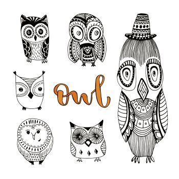 Vector set of cute doodle owls. Birds isolated collection for kids or adult coloring book pages.. Vector set of cute doodle owls. Birds isolated collection for kids or adult coloring book pages