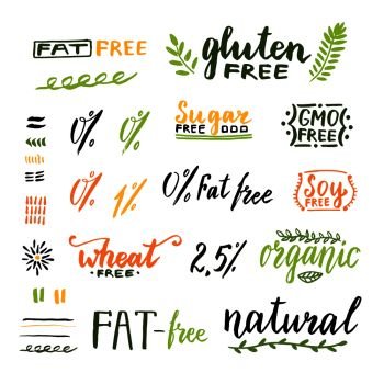 Badges and labels for homemade natural products. Gmo, gluten, fat, wheat and sugar free handwritten texts. Vector design.. Badges and labels for homemade natural products. Gmo, gluten, fat, wheat and sugar free handwritten texts. Vector design