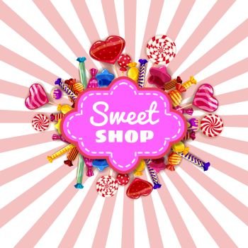 Sweet Shop Candy background set of different colors of candy, candy, sweets, chocolate candy, jelly beans. Sweet Shop Candy template set of different colors of candy, candy, sweets, chocolate candy, jelly beans. Background, poster, banner, vector, isolated, cartoon style