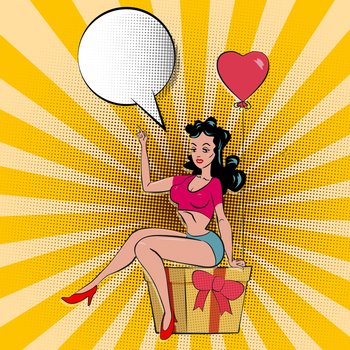 Sexy Pop art woman sits on a gift box with holds an inflatable heart and points a finger to the moon halftone. Sexy Pop art woman sits on a gift box with holds an inflatable heart and points a finger to the moon. Vector in retro comic style isolated illustration halftone