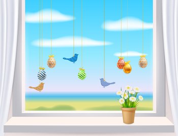 Easter window with colored Easter eggs and birds. Colorful spring flowers chamomile, dandelions in pot. Spring holiday poster, greeeting card, flyer vector, illustration. Easter window with colored Easter eggs and birds. Colorful spring flowers chamomile, dandelions in pot. Spring holiday poster