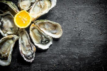 Fresh oysters with lemon. On black rustic background. Fresh oysters with lemon.
