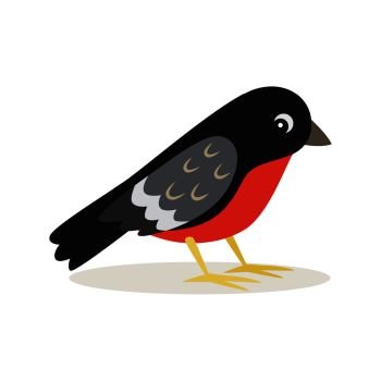 Icon of funny cute bullfinch with red breast in profile isolated, forest, woodland animal, vector illustration for children book or decoration. Icon of bullfinch with red breast in profile isolated