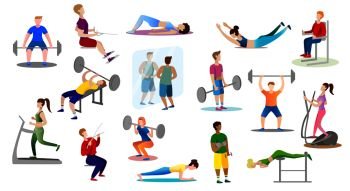 men and women are engaged weightlifting in the gym. Set. Vector illustration.. men and women are engaged weightlifting in the gym
