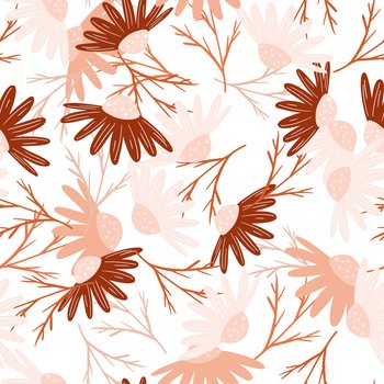 Random seamless pattern with hand drawn calendula shapes. Flowers ornament in pink and brown tones. Designed for fabric design, textile print, wrapping, cover. Vector illustration.. Random seamless pattern with hand drawn calendula shapes. Flowers ornament in pink and brown tones.