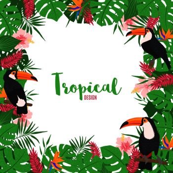 Tropical frame with palm tree, monstera and exotic toucan bird in hand drawn style. Floral border template. Vector illustration.. Tropical frame with exotic leaves and toucan bird.