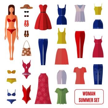 Summer set of women clothes icons in flat style isolated on white background. Women vacation wardrobe collection. Young girl with clothes items. Vector illustration.. Summer set of women clothes icons in flat style.
