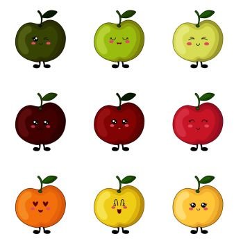 Set of kawaii apples of different colors, cute characters with emotions. Food, funny fruit - isolated elements on white background. Vector flat illustration.
. Kawaii Food Collection