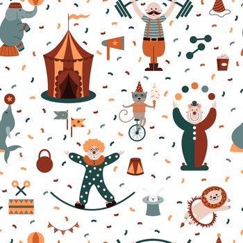 Circus seamless pattern with clowns, acrobats, lions, seals, elephants, monkeys, etc. Can be used for circus performance, birthday party, carnival. Vector background.