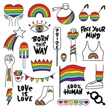 LGBTQ collection with flag, hands, hearts, star, rainbow, phrases. Pride Parade. Pride Month.  Hand-drawn vector illustration. 