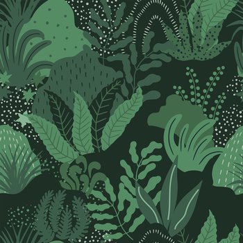 Modern abstract floral background. Vector flat illustration with green leaves and  hills. Can be used for textiles, wrapping papers, packaging.