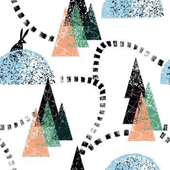 Winter forest hand drawn seamless vector pattern with Christmas trees, footpath, snowy hill, hare
