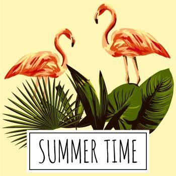 Slogan summer time tropical green leaves and pink flamingo bird retro, vintage style. Trendy wallpaper