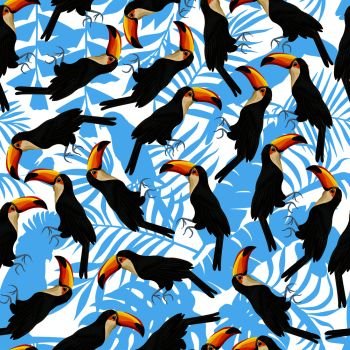 Exotic tropical seamless pattern from vector bird toucan. Natural summer beach Hawaii wallpaper. Trendy white blue background