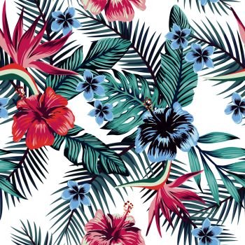 Flowers of the bird of paradise, hibiscus, plumeria and palm leaves in the jungle in abstract color. Seamless vector beach wallpaper pattern on white background