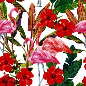 Exotic vector print seamless tropical pattern flamingo hibiscus plants. Beach wallpaper on the white background