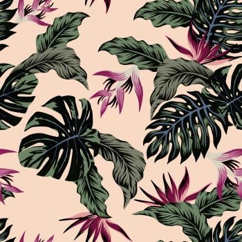 Exotic vector flowers tropical leaves green seamless light pink background.Trendy seamless pattern beach wallpaper