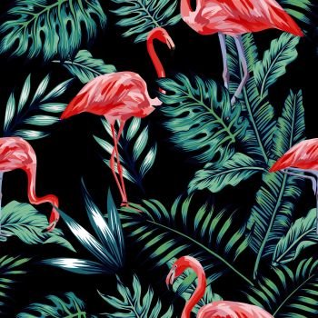 Exotic tropical bird pink flamingo in the night blue forest jungle on the black background. Vector beach art seamless wallpaper pattern